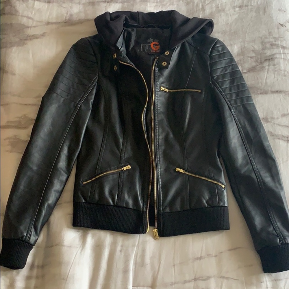 Faux Leather Jacket with Hood
